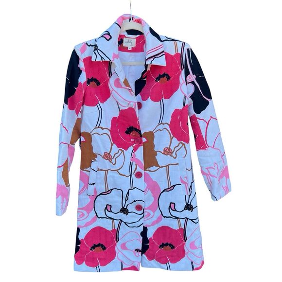 Milly of New York Trench Coat Jacket Hibiscus Floral Design Women’s Size 4 - Picture 1 of 9